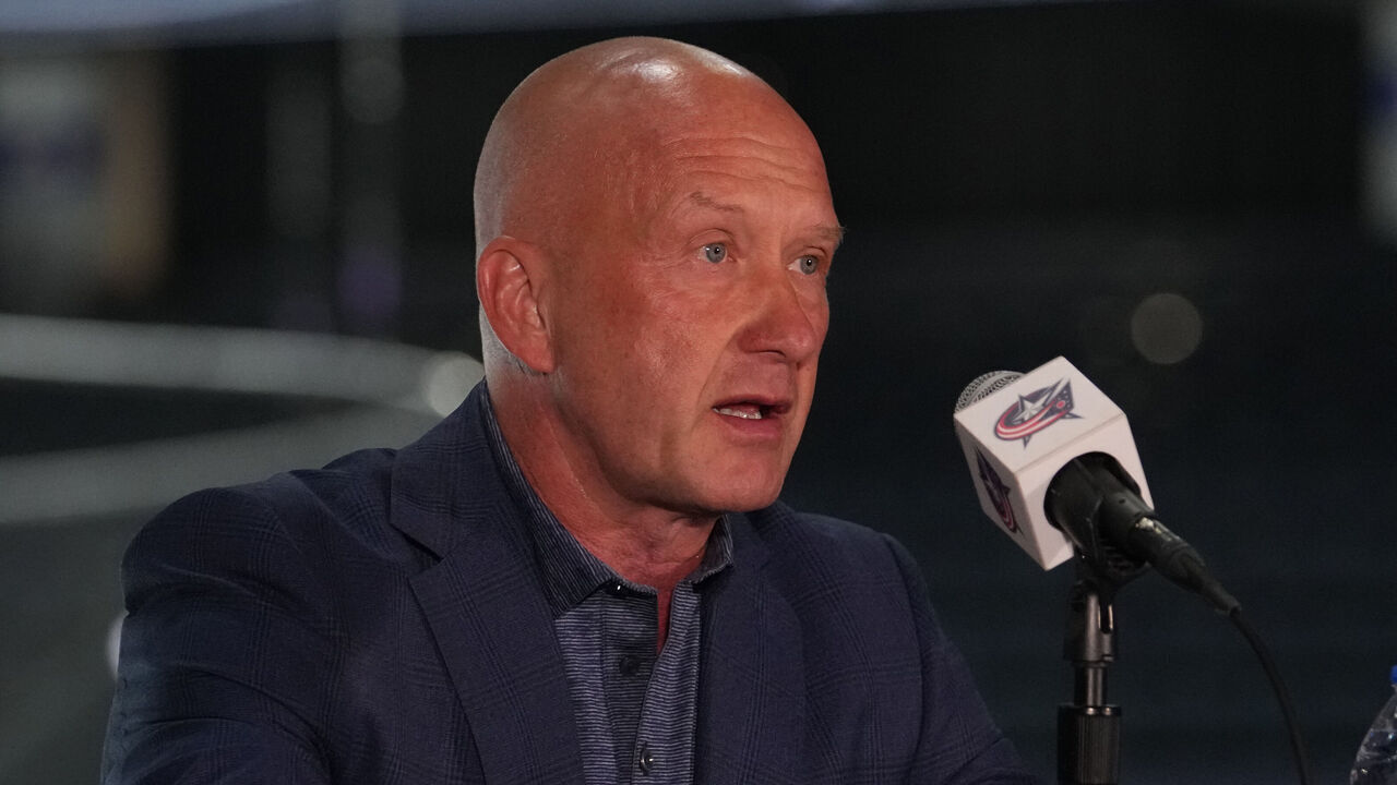 COLUMBUS, OHIO - SEPTEMBER 18: Columbus Blue Jackets General Manager Jarmo Kekalainen addresses members of the media during media day at Nationwide Arena on September 18, 2023 in Columbus, Ohio.