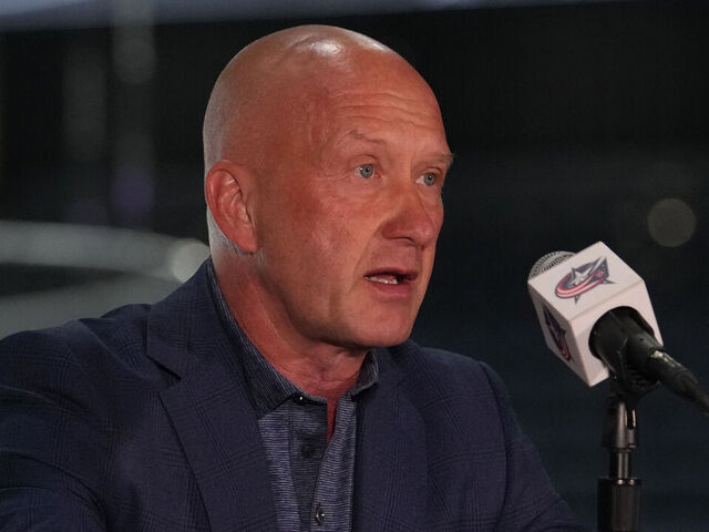 COLUMBUS, OHIO - SEPTEMBER 18: Columbus Blue Jackets General Manager Jarmo Kekalainen addresses members of the media during media day at Nationwide Arena on September 18, 2023 in Columbus, Ohio.
