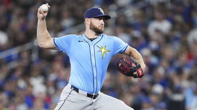TORONTO, CANADA - SEPTEMBER 26: Adrian Houser #37 of the Tampa Bay Rays pitches against the Toronto Blue Jays during the second inning in their MLB game at the Rogers Centre on September 26, 2025 in Toronto, Ontario, Canada.