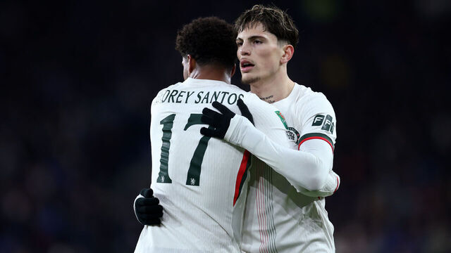 CARDIFF, WALES - DECEMBER 16: Alejandro Garnacho of Chelsea celebrates with teammate Andrey Santos after scoring his team's first goal during the Carabao Cup Quarter Final match between Cardiff City and Chelsea at Cardiff City Stadium on December 16, 2025 in Cardiff, Wales.