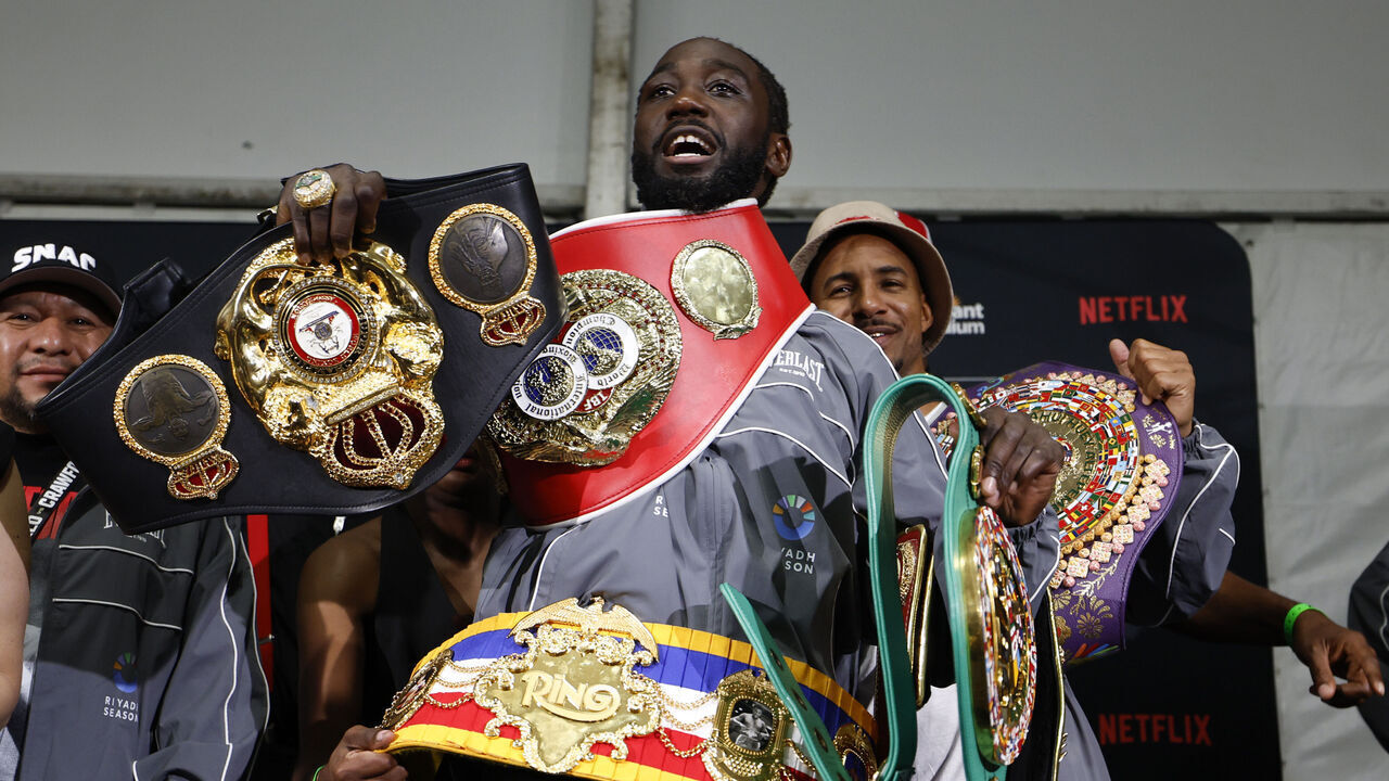 LAS VEGAS, NEVADA - SEPTEMBER 13: Terence Crawford is seen with his belts following his undisputed super middleweight title fight where he defeated Canelo Alvarez (not pictured) by unanimous decision (116-112, 115-113, 115-113) during Netflix's Canelo v Crawford Fight Night at Allegiant Stadium on September 13, 2025 in Las Vegas, Nevada.
