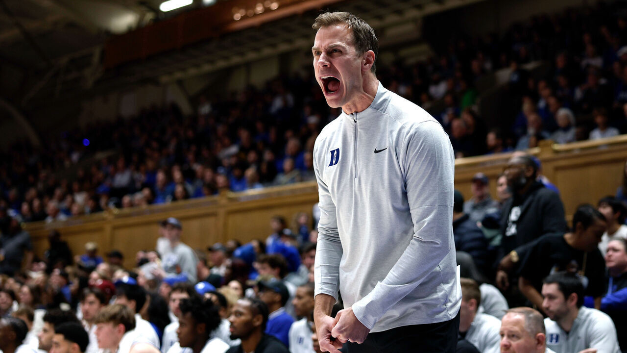 DURHAM, NORTH CAROLINA - DECEMBER 16: Head coach Jon Scheyer of the Duke Blue Devils reacts after a no-call against the Lipscomb Bisons in the second half at Cameron Indoor Stadium on December 16, 2025 in Durham, North Carolina.
