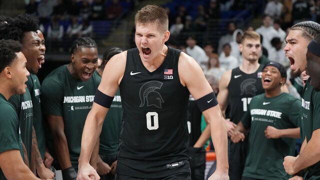 UNIVERSITY PARK, PENNSYLVANIA - DECEMBER 13: Jaxon Kohler #0 of the Michigan State Spartans reacts as he is introduced before a college basketball game against the Penn State Nittany Lions at the Bryce Joyce Center on December 13, 2025 in University Park, Pennsylvania.