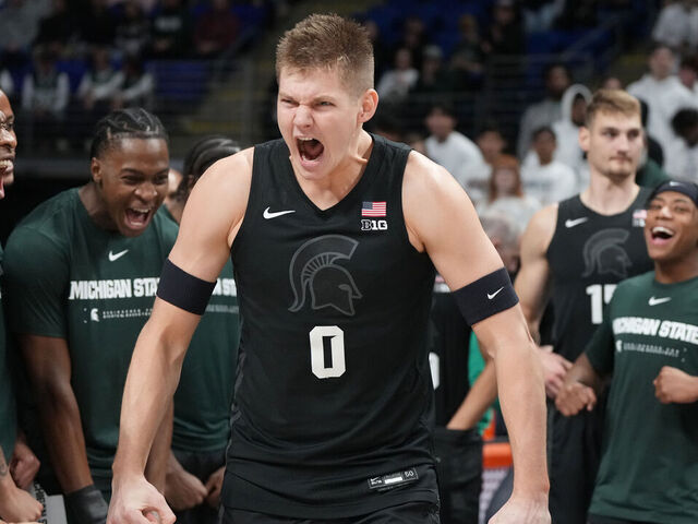 UNIVERSITY PARK, PENNSYLVANIA - DECEMBER 13: Jaxon Kohler #0 of the Michigan State Spartans reacts as he is introduced before a college basketball game against the Penn State Nittany Lions at the Bryce Joyce Center on December 13, 2025 in University Park, Pennsylvania.