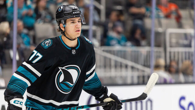 SAN JOSE, CA - OCTOBER 28: Michael Misa #77 of the San Jose Sharks looks on between periods of a NHL game against the Los Angeles Kings on October 28, 2025 at SAP Center at San Jose in San Jose, CA.