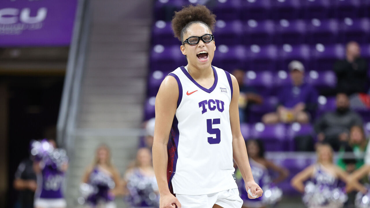 FORT WORTH, TEXAS - NOVEMBER 20: Olivia Miles #5 of the TCU Horned Frogs reacts during the second half against the Tarleton State Texans at Schollmaier Arena on November 20, 2025 in Fort Worth, Texas.