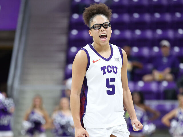 FORT WORTH, TEXAS - NOVEMBER 20: Olivia Miles #5 of the TCU Horned Frogs reacts during the second half against the Tarleton State Texans at Schollmaier Arena on November 20, 2025 in Fort Worth, Texas.