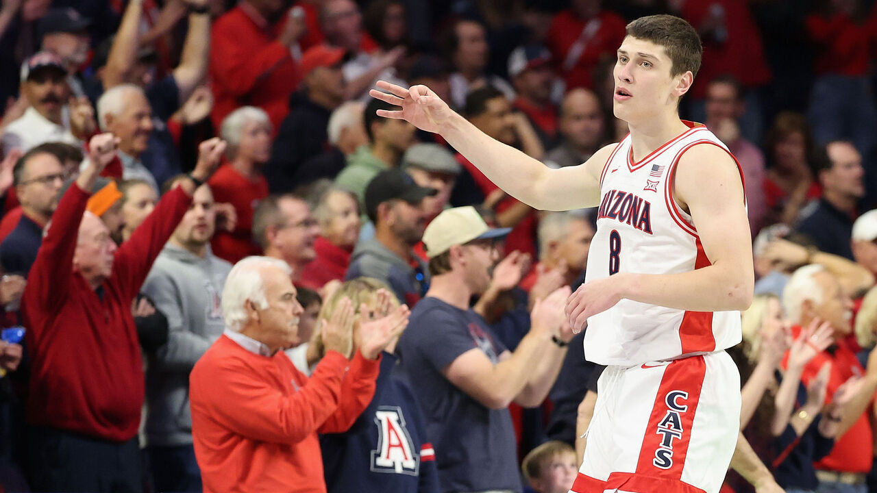 TUCSON, ARIZONA - DECEMBER 16: Ivan Kharchenkov #8 of the Arizona Wildcats reacts to a three-point shot against the Abilene Christian Wildcats during the first half of the NCAAB game at McKale Center on December 16, 2025 in Tucson, Arizona.