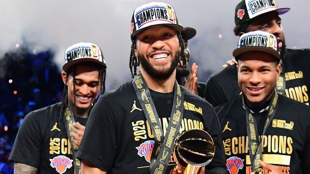 LAS VEGAS, NV - DECEMBER 16: Jalen Brunson #11 of the New York Knicks smiles after winning the 2025 Emirates Cup MVP Award during the Emirates NBA Cup Final game on December 16, 2025 at T-Mobile Arena in Las Vegas, Nevada. NOTE TO USER: User expressly acknowledges and agrees that, by downloading and/or using this Photograph, user is consenting to the terms and conditions of the Getty Images License Agreement. Mandatory Copyright Notice: Copyright 2025 NBAE