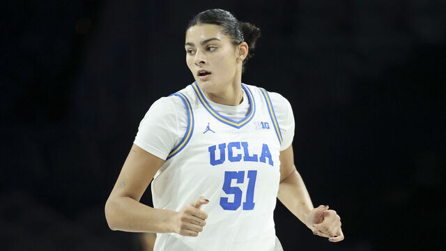 LAS VEGAS, NEVADA - NOVEMBER 15: Lauren Betts #51 of the UCLA Bruins jogs down court after a basket against the South Florida Bulls in the third quarter of a 2025 WBCA Challenge game at Michelob ULTRA Arena on November 15, 2025 in Las Vegas, Nevada.