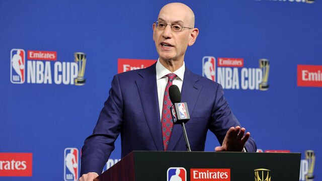 LAS VEGAS, NEVADA - DECEMBER 16: NBA Commissioner Adam Silver speaks during a news conference before the championship game of the Emirates NBA Cup between the San Antonio Spurs and the New York Knicks at T-Mobile Arena on December 16, 2025 in Las Vegas, Nevada. The Knicks defeated the Spurs 124-113.