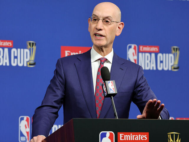 LAS VEGAS, NEVADA - DECEMBER 16: NBA Commissioner Adam Silver speaks during a news conference before the championship game of the Emirates NBA Cup between the San Antonio Spurs and the New York Knicks at T-Mobile Arena on December 16, 2025 in Las Vegas, Nevada. The Knicks defeated the Spurs 124-113.