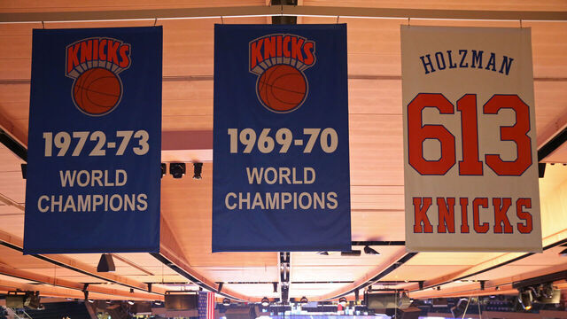 NEW YORK, NY - APRIL 6: Banner in honor of New York Knicks 1969-1970 & 1972-1973 World Champion Teams alongside New York Knicks Hall of Fame player Red Holzman's banner photographed before the game against the Miami Heat on April 6, 2018 at Madison Square Garden in New York City, New York. Mandatory Copyright Notice: Copyright 2018 NBAE