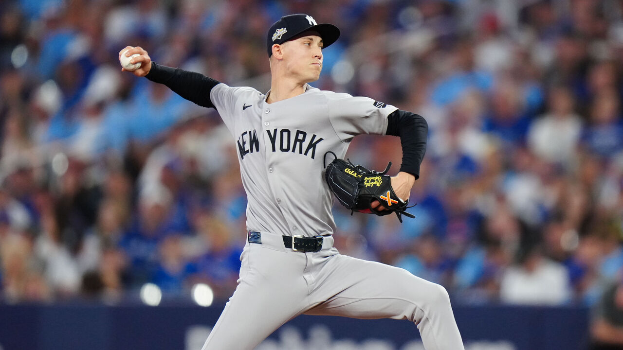 TORONTO, ON - OCTOBER 05: Luke Weaver #30 of the New York Yankees pitches during Game Two of the American League Division Series presented by Booking.com between the New York Yankees and the Toronto Blue Jays at Rogers Centre on Sunday, October 5, 2025 in Toronto, Ontario, Canada.