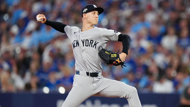 TORONTO, ON - OCTOBER 05: Luke Weaver #30 of the New York Yankees pitches during Game Two of the American League Division Series presented by Booking.com between the New York Yankees and the Toronto Blue Jays at Rogers Centre on Sunday, October 5, 2025 in Toronto, Ontario, Canada.