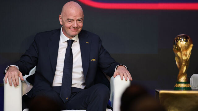 WASHINGTON, DC - DECEMBER 06: Gianni Infantino, President of FIFA, reacts during the FIFA World Cup 2026 official match schedule announcement on December 06, 2025 in Washington, DC.