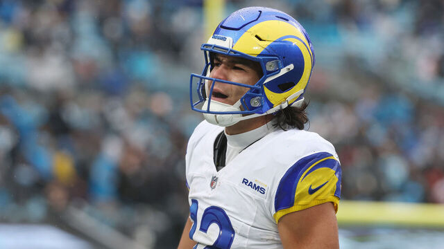 CHARLOTTE, NORTH CAROLINA - NOVEMBER 30: Puka Nacua #12 of the Los Angeles Rams reacts during the fourth quarter against the Carolina Panthers at Bank of America Stadium on November 30, 2025 in Charlotte, North Carolina.