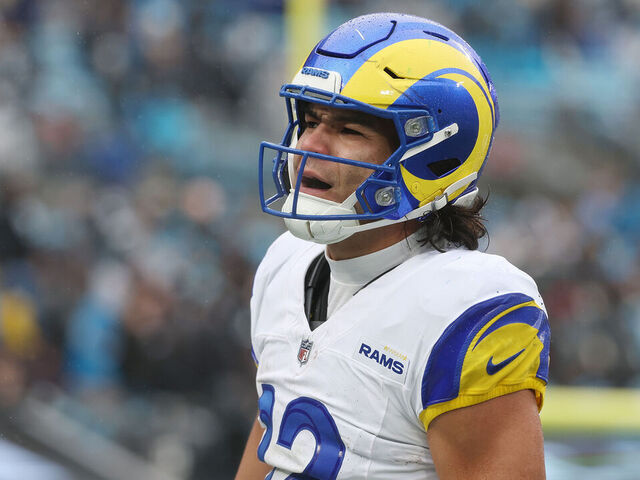 CHARLOTTE, NORTH CAROLINA - NOVEMBER 30: Puka Nacua #12 of the Los Angeles Rams reacts during the fourth quarter against the Carolina Panthers at Bank of America Stadium on November 30, 2025 in Charlotte, North Carolina.