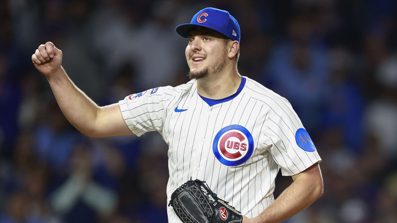 CHICAGO, ILLINOIS - OCTOBER 9: Brad Keller #40 of the Chicago Cubs reacts in the eighth inning during game four of the National League Division Series against the Milwaukee Brewers at Wrigley Field on October 9, 2025 in Chicago, Illinois.