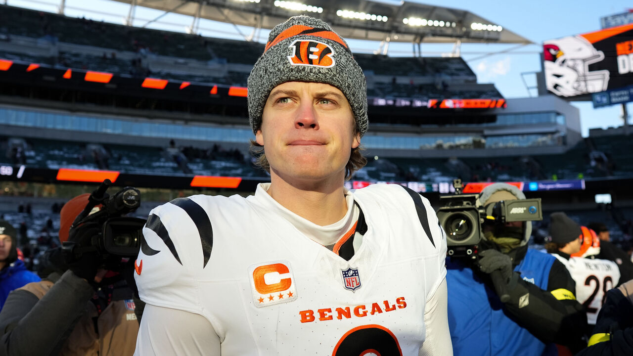 CINCINNATI, OHIO - DECEMBER 14: Joe Burrow #9 of the Cincinnati Bengals walks across the field after losing to the Baltimore Ravens 24-0 at Paycor Stadium on December 14, 2025 in Cincinnati, Ohio.