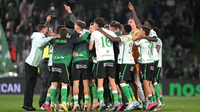 SANTANDER, SPAIN - DECEMBER 17: Players of Racing Santander celebrating the victory during the Spanish Copa del Rey match between Racing Santander v Villarreal at the Campos de Sport de El Sardinero on December 17, 2025 in Santander Spain