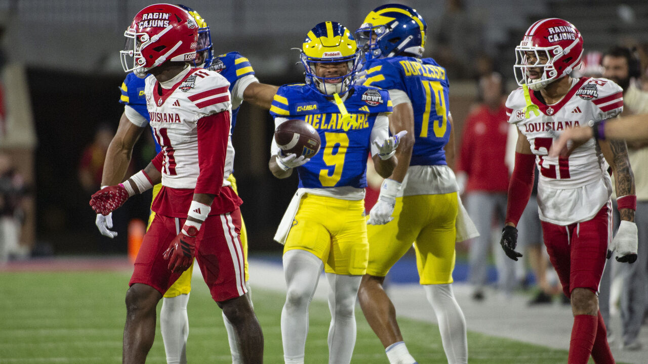 MOBILE, ALABAMA - DECEMBER 17: Wide receiver Ja'Carree Kelly #9 of the Delaware Blue Hens celebrates after a big play during the first half of their game against the Louisiana Ragin' Cajuns in the 68 Ventures Bowl at Hancock Whitney Stadium on December 17, 2025 in Mobile, Alabama.