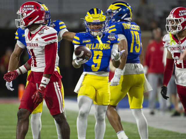 MOBILE, ALABAMA - DECEMBER 17: Wide receiver Ja'Carree Kelly #9 of the Delaware Blue Hens celebrates after a big play during the first half of their game against the Louisiana Ragin' Cajuns in the 68 Ventures Bowl at Hancock Whitney Stadium on December 17, 2025 in Mobile, Alabama.