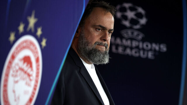 PIRAEUS, GREECE - NOVEMBER 26: Evangelos Marinakis, Owner of Olympiacos, looks on prior to the UEFA Champions League 2025/26 League Phase MD5 match between Olympiacos FC and Real Madrid C.F. at Stadio Georgios Karaiskakis on November 26, 2025 in Piraeus, Greece.