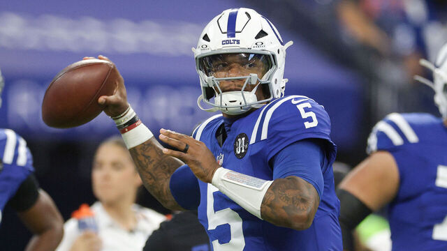INDIANAPOLIS, INDIANA - OCTOBER 05: Anthony Richardson #5 of the Indianapolis Colts warms up prior prior to the game against the Las Vegas Raiders at Lucas Oil Stadium on October 05, 2025 in Indianapolis, Indiana.