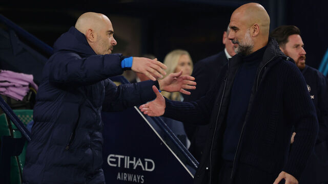 MANCHESTER, ENGLAND - JANUARY 25:Manchester City Manager Pep Guardiola with Chelsea Manager Enzo Maresca during the Premier League match between Manchester City FC and Chelsea FC at Etihad Stadium on January 25, 2025 in Manchester, England.