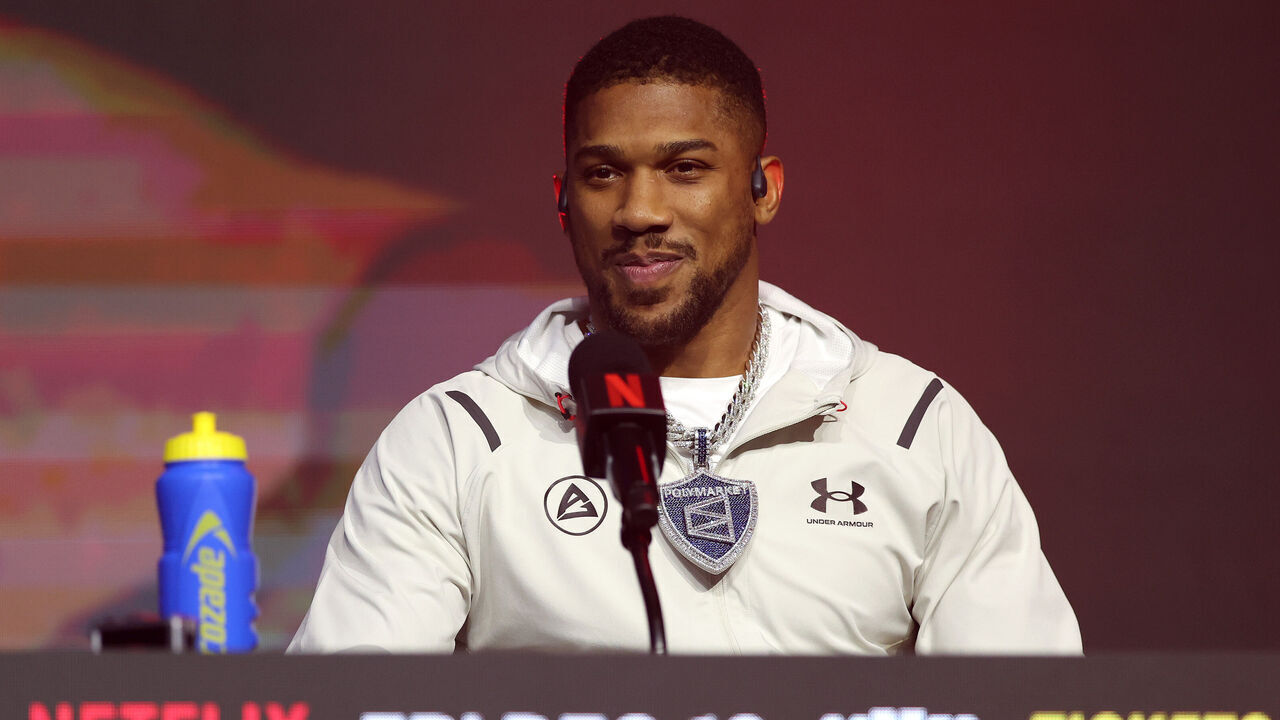 MIAMI BEACH, FLORIDA - DECEMBER 17: Anthony Joshua speaks during the press conference for Jake Paul v Anthony Joshua at The Fillmore Miami Beach on December 17, 2025 in Miami Beach, Florida.