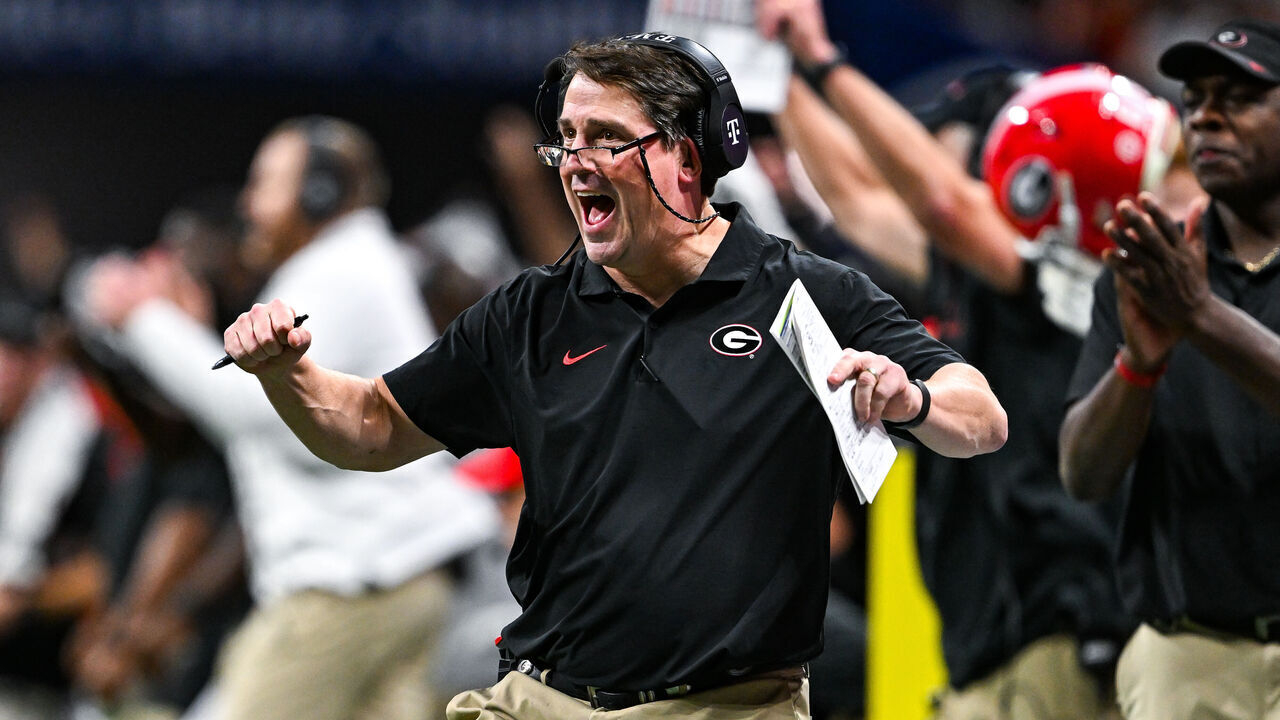 ATLANTA, GA DECEMBER 07: Georgia assistant coach Will Muschamp reacts during the SEC Championship game between the Texas Longhorns and the Georgia Bulldogs on December 7th, 2024 at Mercedes-Benz Stadium in Atlanta, GA.