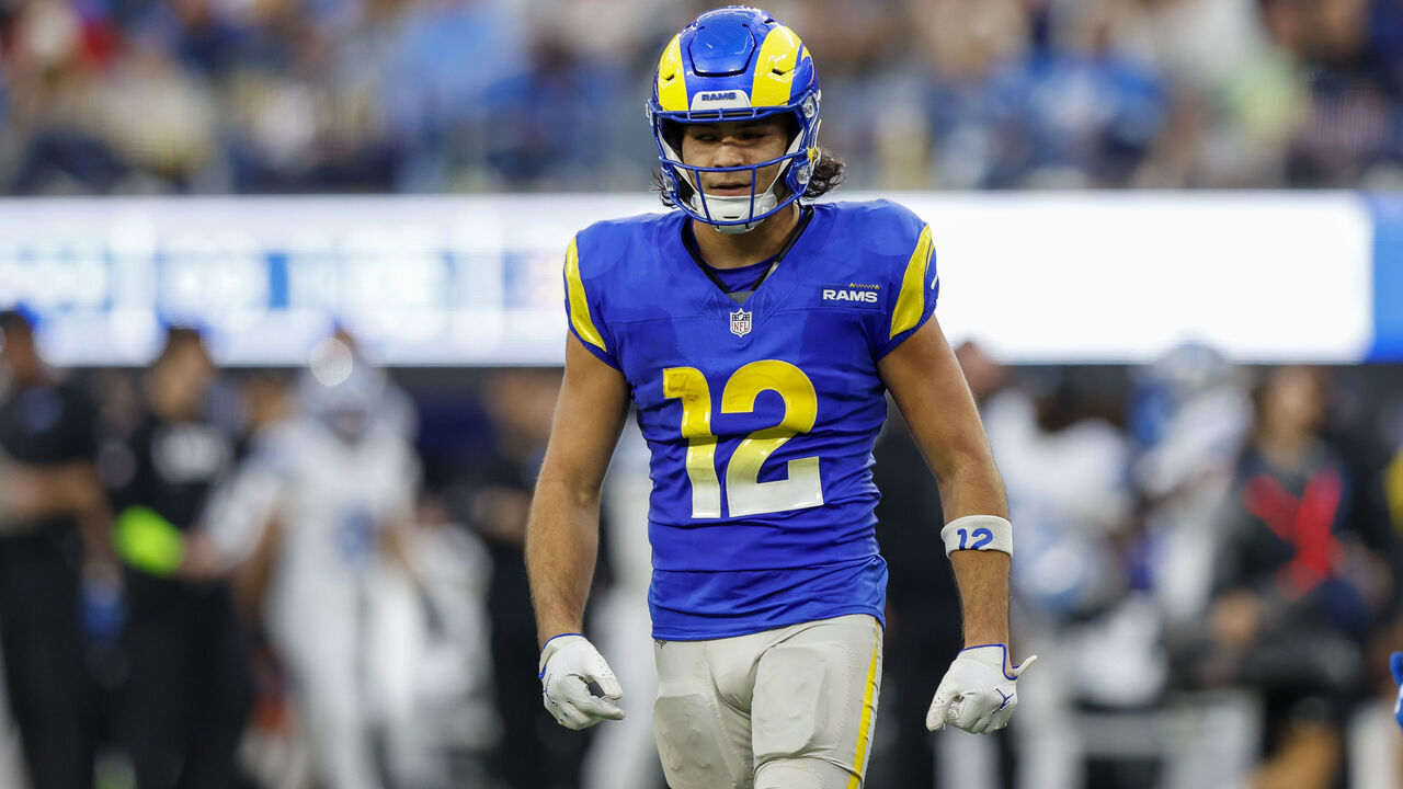 INGLEWOOD, CA - DECEMBER 14: Los Angeles Rams wide receiver Puka Nacua (12) walks off the field during the NFL game between the Detroit Lions and the Los Angeles Rams on December 14, 2025 at SoFi Stadium in Inglewood, CA.