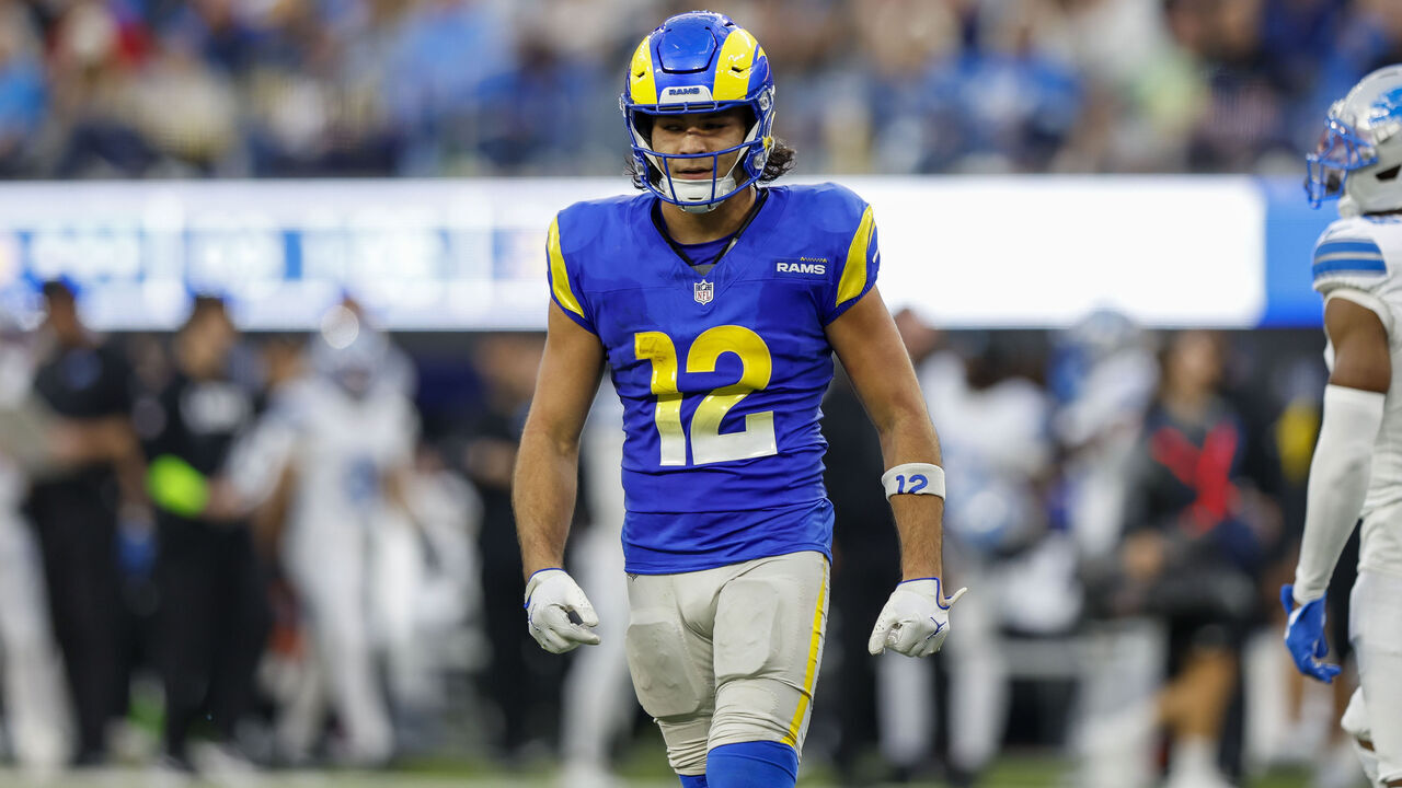 INGLEWOOD, CA - DECEMBER 14: Los Angeles Rams wide receiver Puka Nacua (12) walks off the field during the NFL game between the Detroit Lions and the Los Angeles Rams on December 14, 2025 at SoFi Stadium in Inglewood, CA.