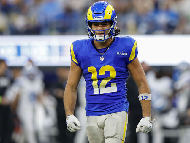 INGLEWOOD, CA - DECEMBER 14: Los Angeles Rams wide receiver Puka Nacua (12) walks off the field during the NFL game between the Detroit Lions and the Los Angeles Rams on December 14, 2025 at SoFi Stadium in Inglewood, CA.