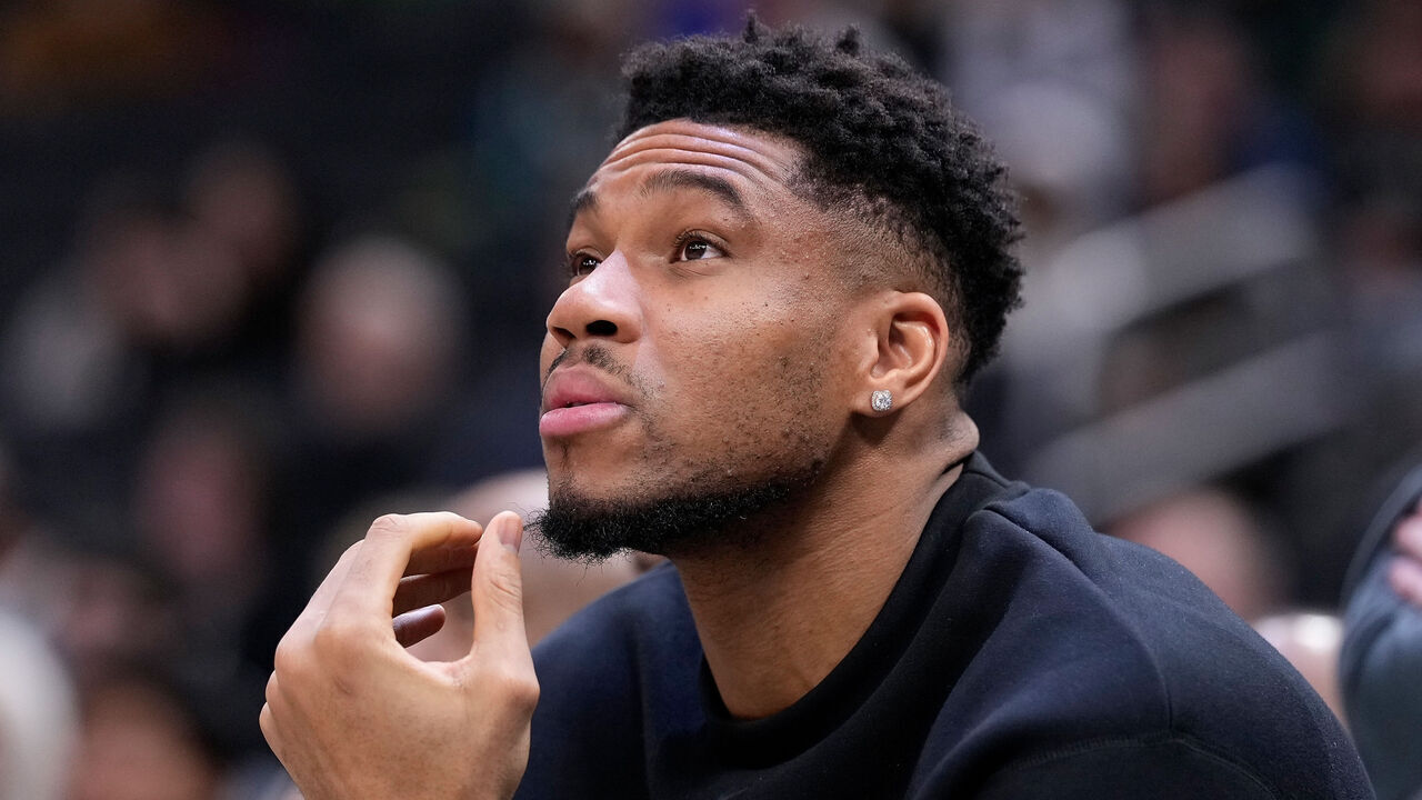 MILWAUKEE, WISCONSIN - DECEMBER 11: Giannis Antetokounmpo of the Milwaukee Bucks watches the action during the second half against the Boston Celtics at Fiserv Forum on December 11, 2025 in Milwaukee, Wisconsin.