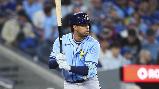 TORONTO, ON - SEPTEMBER 26: Christopher Morel #24 of the Tampa Bay Rays takes an at bat in his batting stance against the Toronto Blue Jays during the eighth inning in their MLB game at Rogers Centre on September 26, 2025 in Toronto, Ontario, Canada.