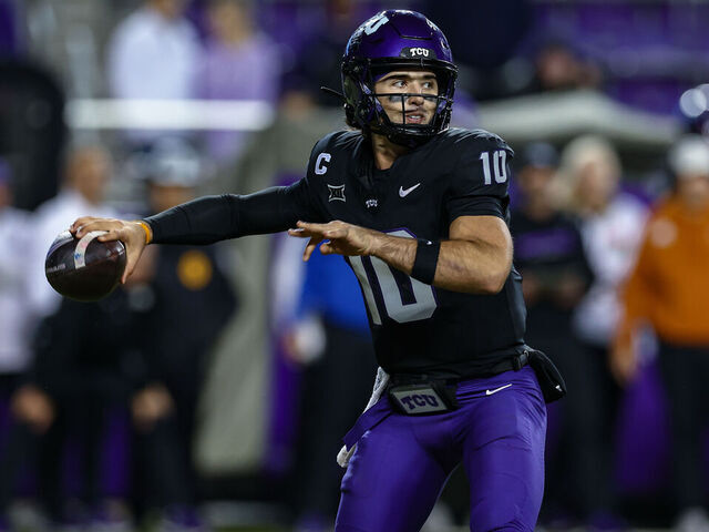 FORT WORTH, TX - NOVEMBER 29: TCU Horned Frogs quarterback Josh Hoover (#10) throws a pass during the college football game between the TCU Horned Frogs and Cincinnati Bearcats on November 29, 2025 at Amon G. Carter Stadium in Fort Worth, TX.