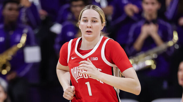 EVANSTON, ILLINOIS - DECEMBER 7: Kylee Kitts #1 of the Ohio State Buckeyes jogs up the court during the game against the Northwestern Wildcats at Welsh-Ryan Arena on December 7, 2025 in Evanston, Illinois.