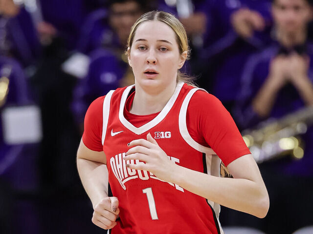 EVANSTON, ILLINOIS - DECEMBER 7: Kylee Kitts #1 of the Ohio State Buckeyes jogs up the court during the game against the Northwestern Wildcats at Welsh-Ryan Arena on December 7, 2025 in Evanston, Illinois.