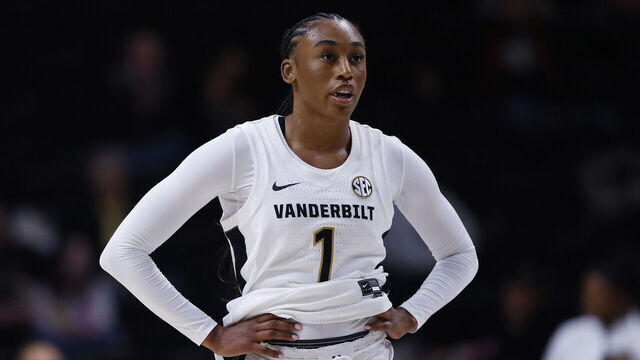 NASHVILLE, TENNESSEE - DECEMBER 03: Mikayla Blakes #1 of the Vanderbilt Commodores looks on during the first half of the game against the Virginia Cavaliers at Vanderbilt University Memorial Gymnasium on December 03, 2025 in Nashville, Tennessee.