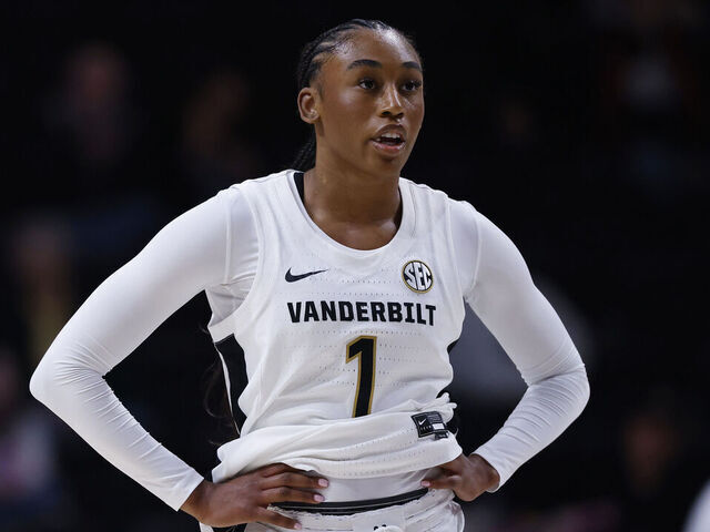 NASHVILLE, TENNESSEE - DECEMBER 03: Mikayla Blakes #1 of the Vanderbilt Commodores looks on during the first half of the game against the Virginia Cavaliers at Vanderbilt University Memorial Gymnasium on December 03, 2025 in Nashville, Tennessee.