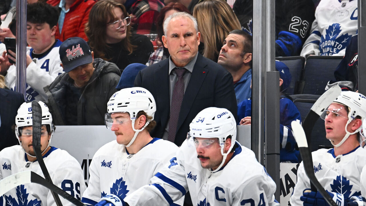 COLUMBUS, OHIO - NOVEMBER 26: Head Coach Craig Berube of the Toronto Maple Leafs stands behind the bench in the first period of a game against the Columbus Blue Jackets at Nationwide Arena on November 26, 2025 in Columbus, Ohio.