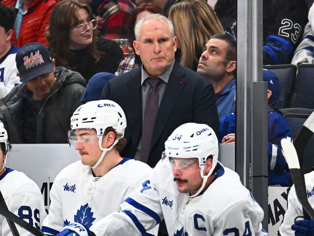 COLUMBUS, OHIO - NOVEMBER 26: Head Coach Craig Berube of the Toronto Maple Leafs stands behind the bench in the first period of a game against the Columbus Blue Jackets at Nationwide Arena on November 26, 2025 in Columbus, Ohio.