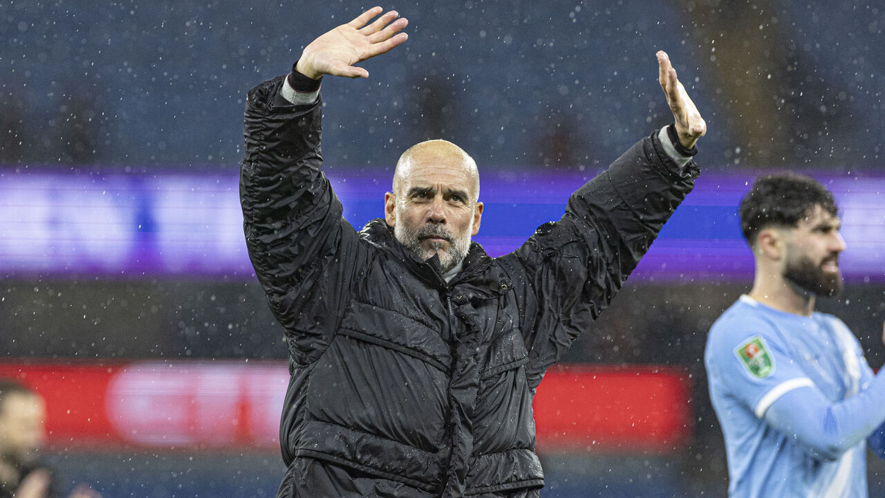 Manchester City F.C. manager Pep Guardiola applauds at full time during the Carabao Cup Quarter Final match between Manchester City and Brentford at the Etihad Stadium in Manchester, on December 17, 2025.