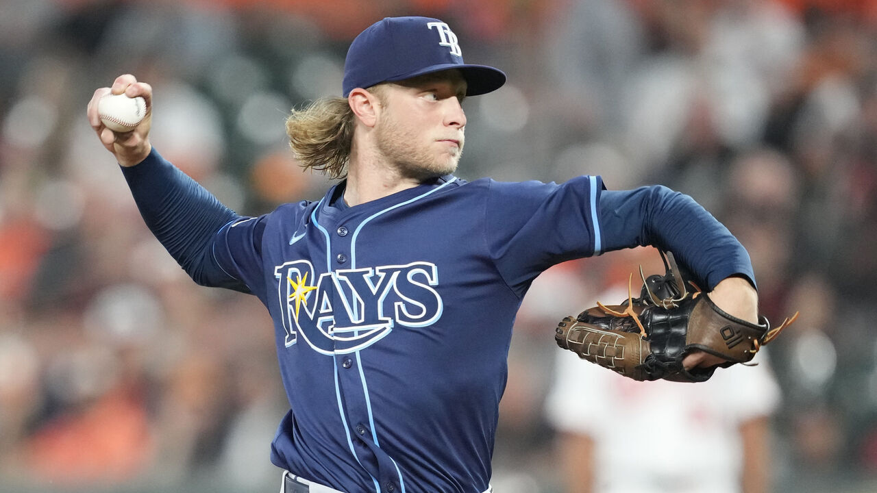 BALTIMORE, MD - SEPTEMBER 24: Shane Baz #11 of the Tampa Bay Rays pitches during a baseball game against the Baltimore Orioles at the Oriole Park at Camden Yards on September 24, 2025 in Baltimore, Maryland.
