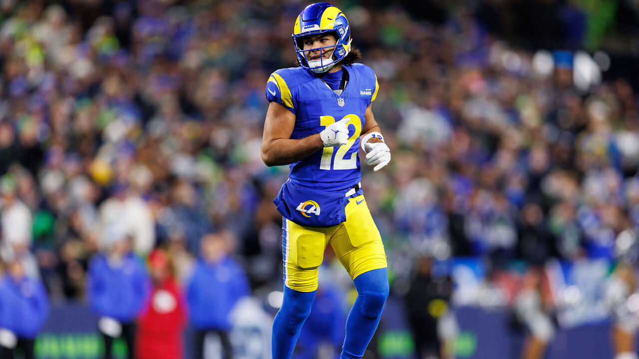 SEATTLE, WASHINGTON - DECEMBER 18: Puka Nacua #12 of the Los Angeles Rams gets set during the third quarter of an NFL football game against the Seattle Seahawks at Lumen Field on December 18, 2025 in Seattle, Washington.