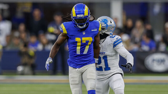 INGLEWOOD, CA - DECEMBER 14: Los Angeles Rams wide receiver Davante Adams (17) runs down the field and grabs his hamstring during the NFL game between the Detroit Lions and the Los Angeles Rams on December 14, 2025 at SoFi Stadium in Inglewood, CA.