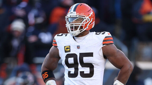 CHICAGO, ILLINOIS - DECEMBER 14: Myles Garrett #95 of the Cleveland Browns looks on against the Chicago Bears at Soldier Field on December 14, 2025 in Chicago, Illinois.