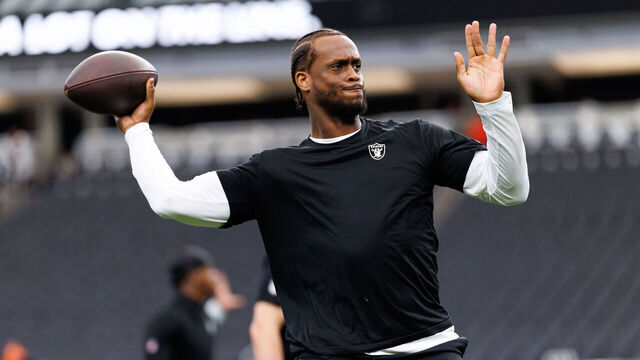 LAS VEGAS, NEVADA - DECEMBER 7: Geno Smith #7 of the Las Vegas Raiders warms up prior to an NFL football game against the Denver Broncos at Allegiant Stadium on December 07, 2025 in Las Vegas, Nevada.
